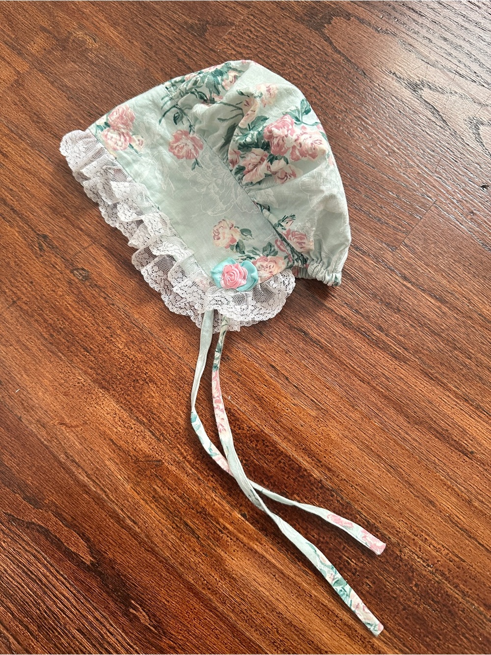handmade vintage mint green floral cotton baby bonnet lace trim sz 6-9 months